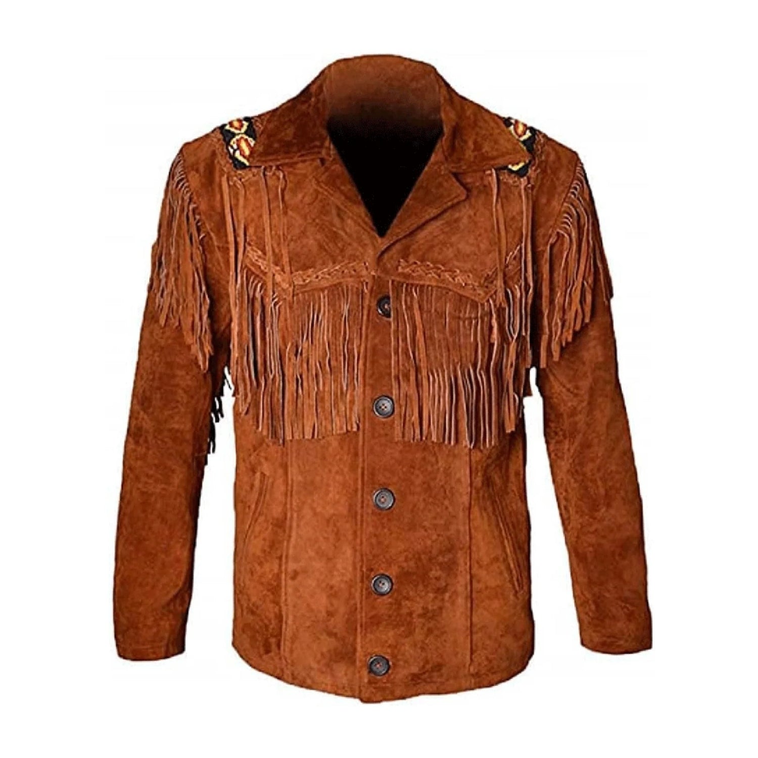 The brown buckskin suede leather fringe jacket with beaded detailing, pictured in detail