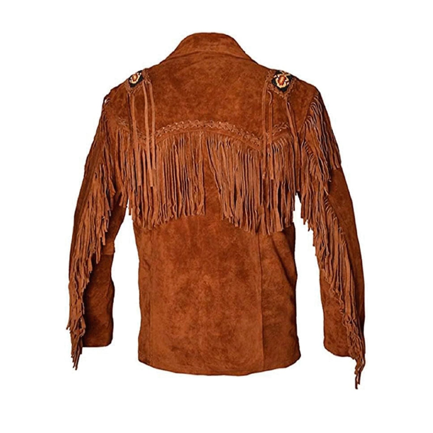 Worn styled look showing the brown buckskin suede leather fringe jacket with beaded detailing