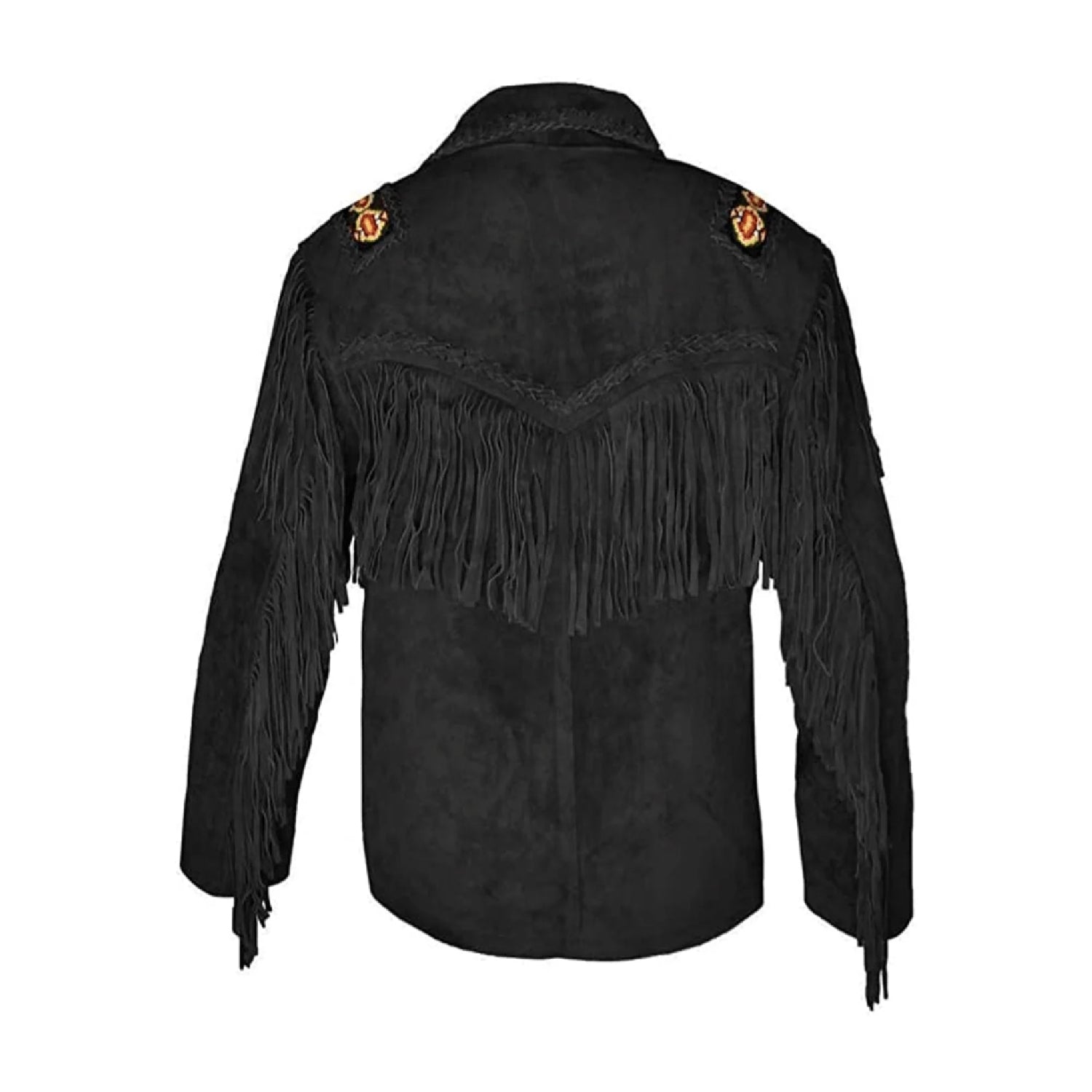 The brown buckskin suede leather fringe jacket with beaded detailing, pictured in close-up
