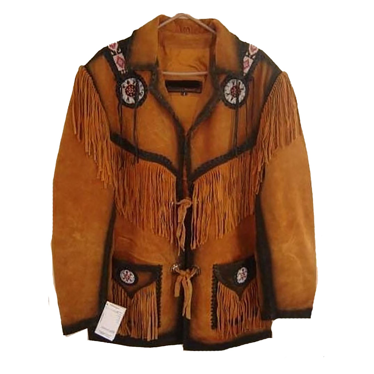 Brown buckskin suede leather fringe jacket with beaded detailing, side profile