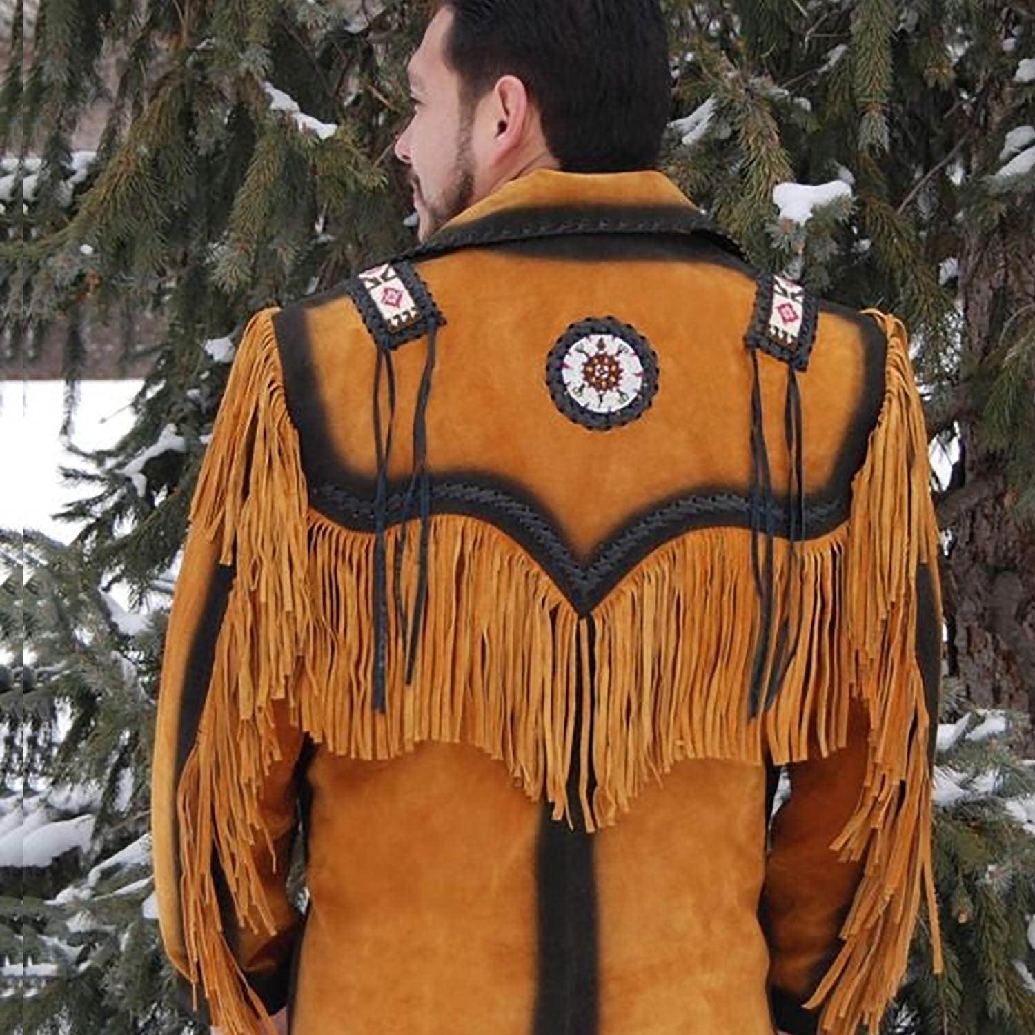 Brown buckskin suede leather fringe jacket with beaded detailing, back view