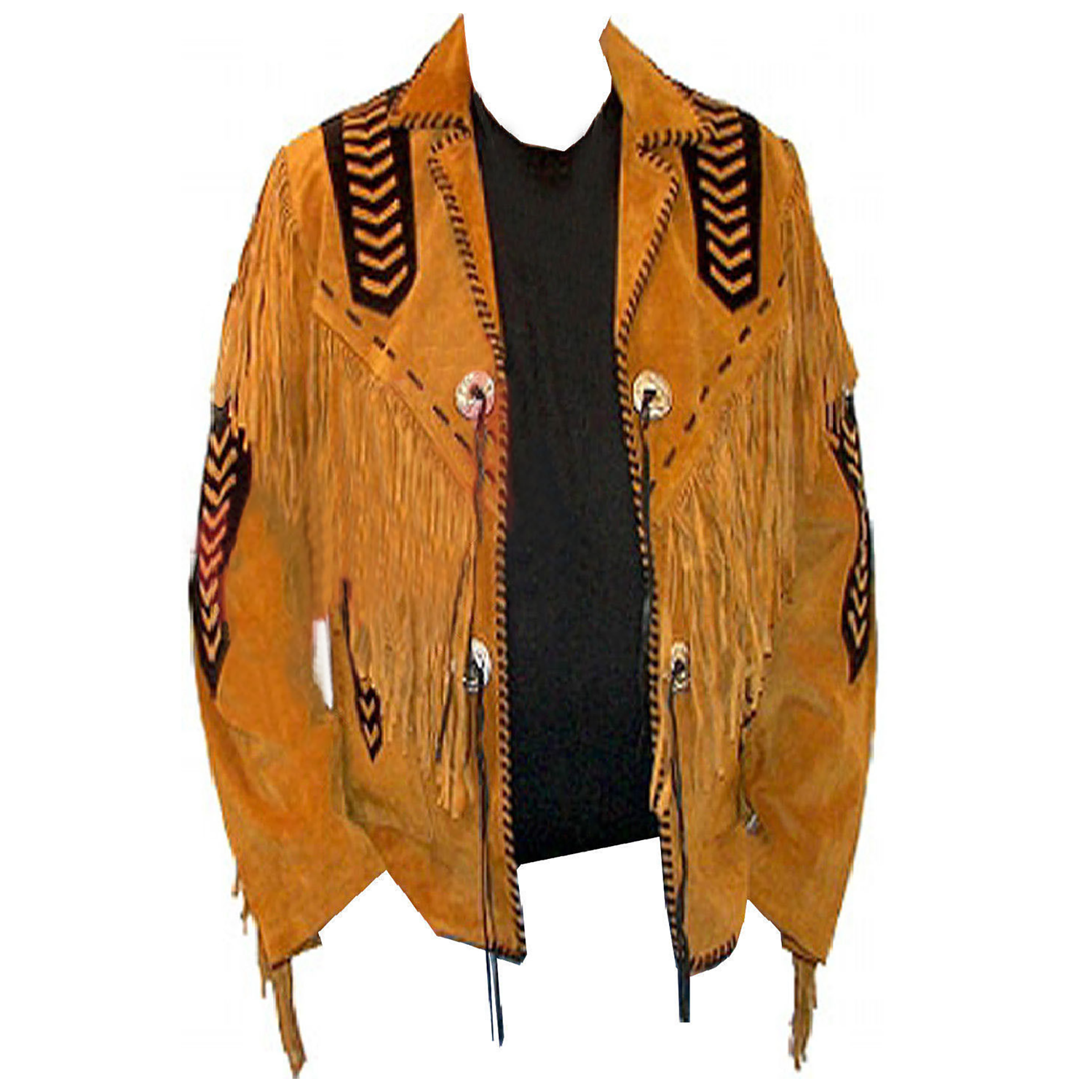 Full display showing the brown buckskin suede leather fringe jacket with beaded detailing