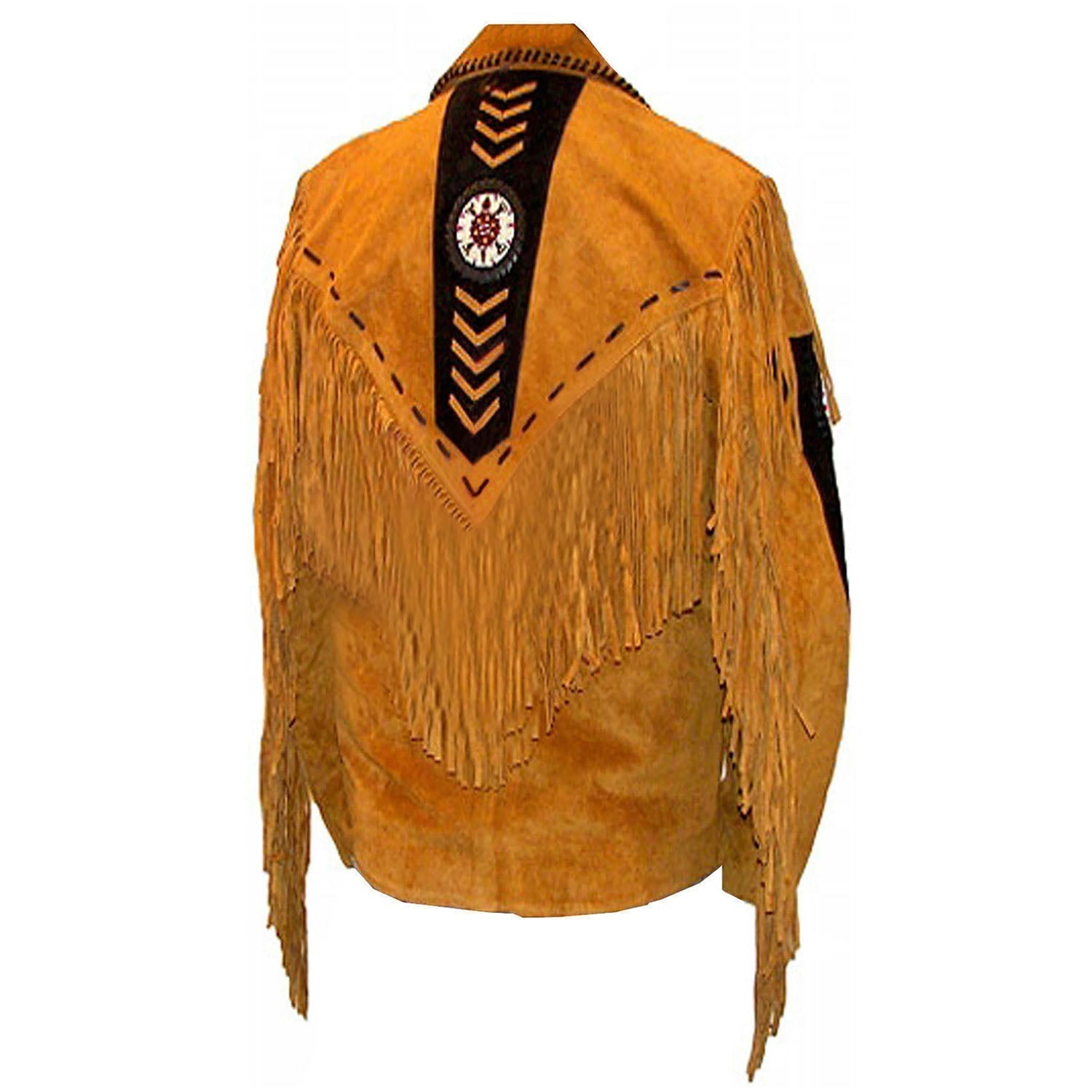 Detail shot showing the brown buckskin suede leather fringe jacket with beaded detailing