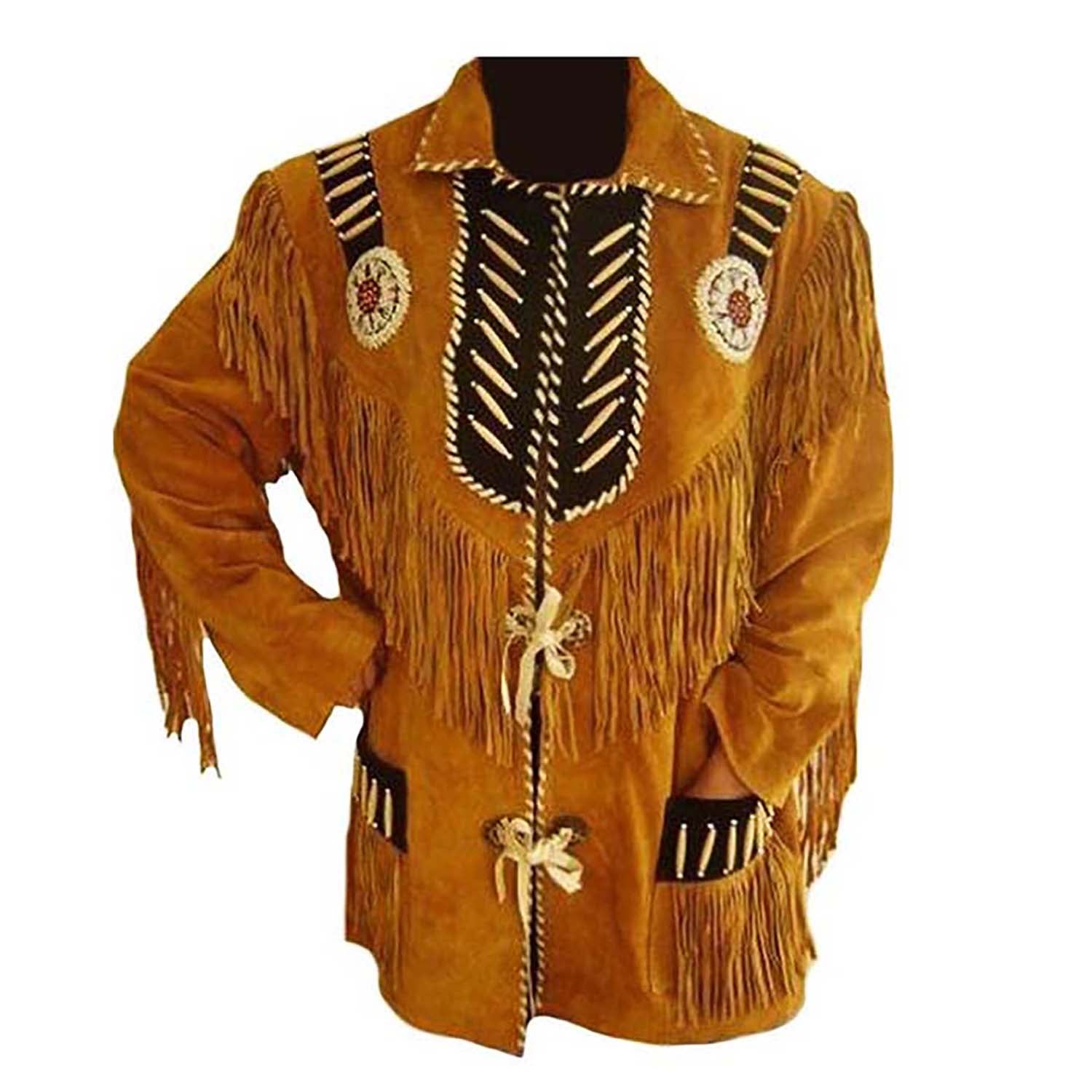The brown buckskin suede leather fringe jacket with beaded detailing, pictured worn and styled