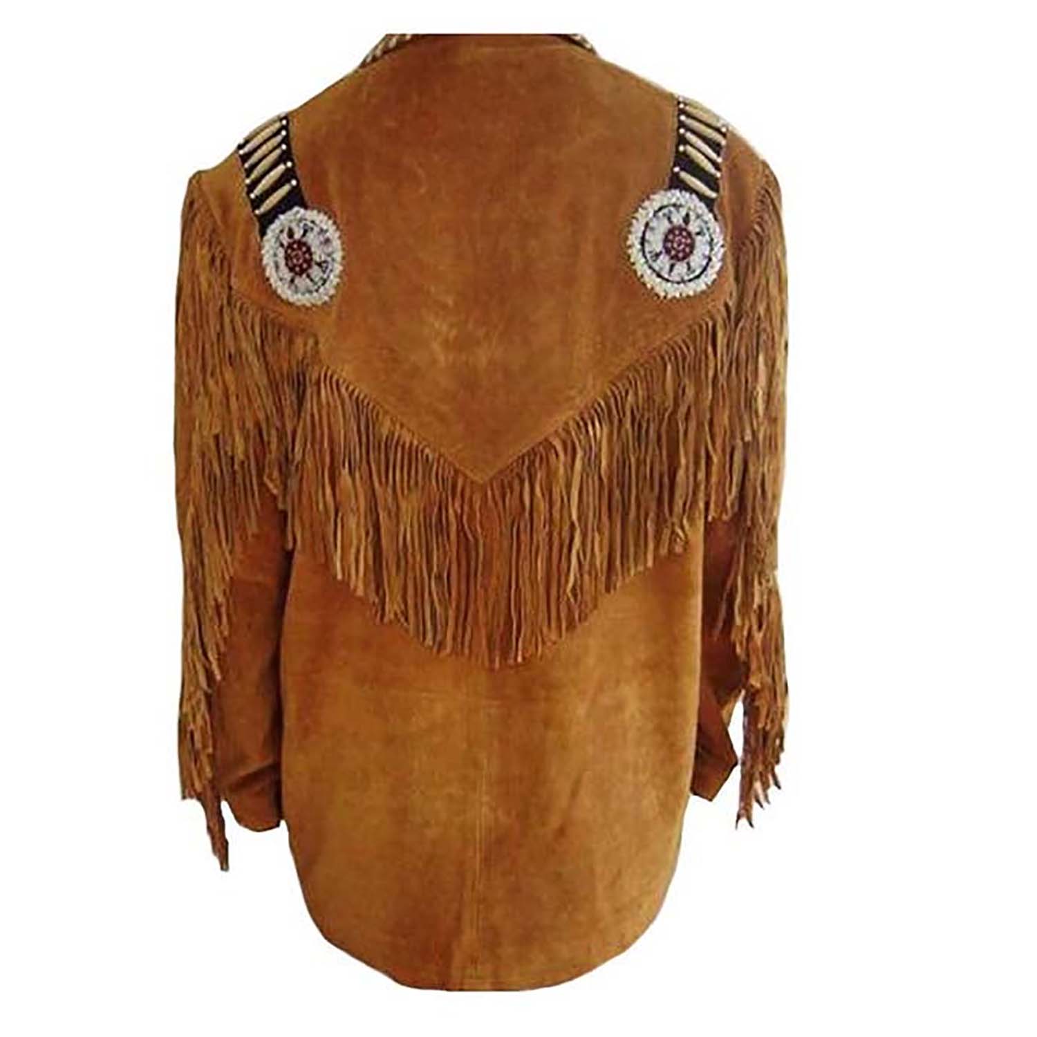 The brown buckskin suede leather fringe jacket with beaded detailing, pictured in full display