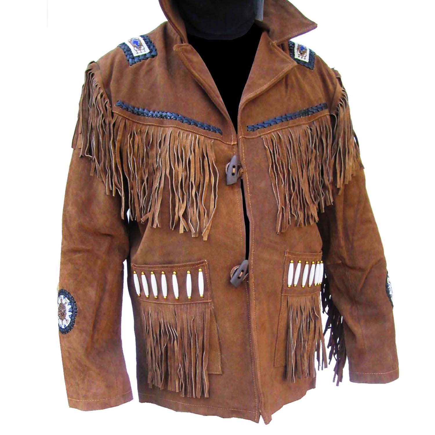 Close-up detail of the brown buckskin suede leather fringe jacket with beaded detailing for men