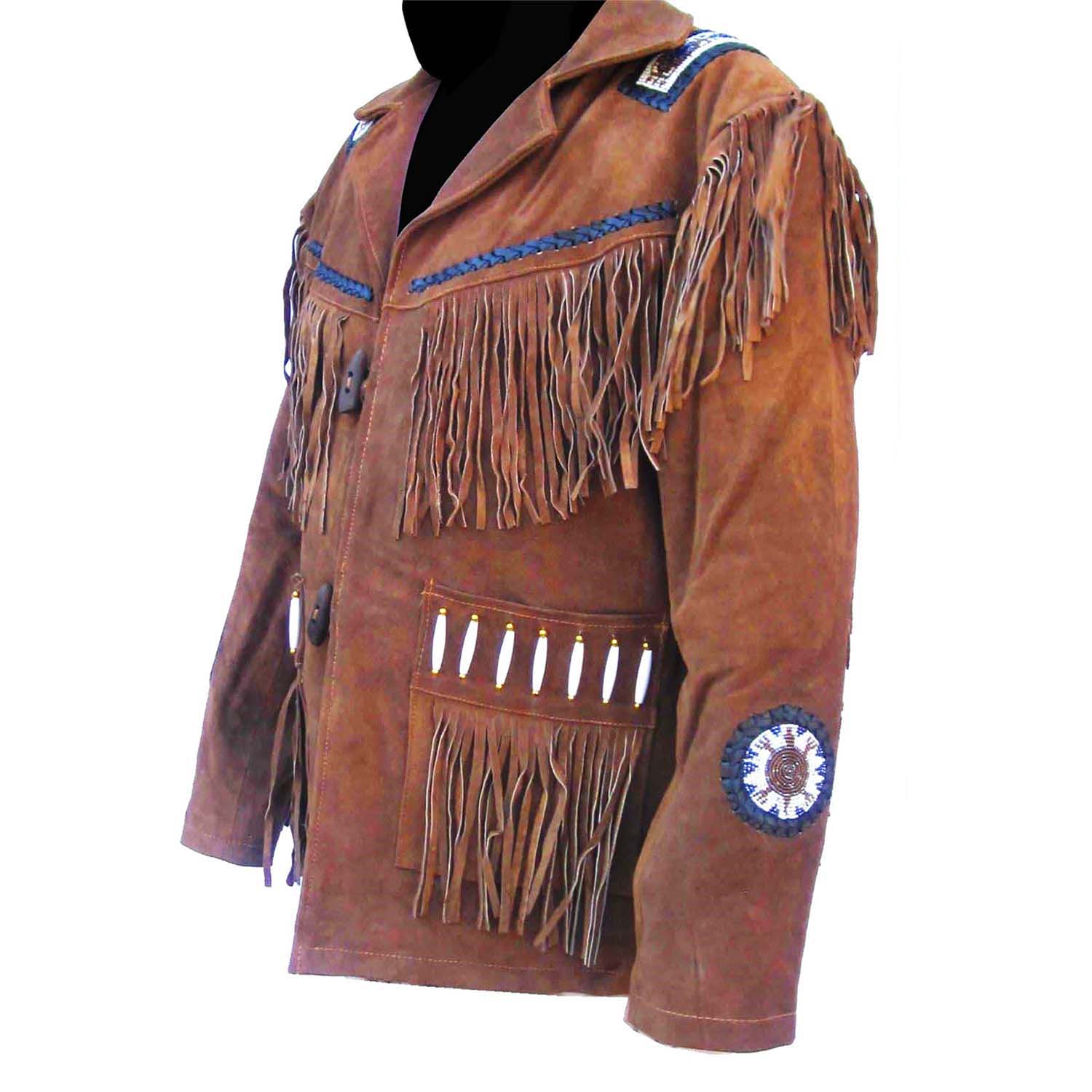 Worn styled look of the brown buckskin suede leather fringe jacket with beaded detailing for men