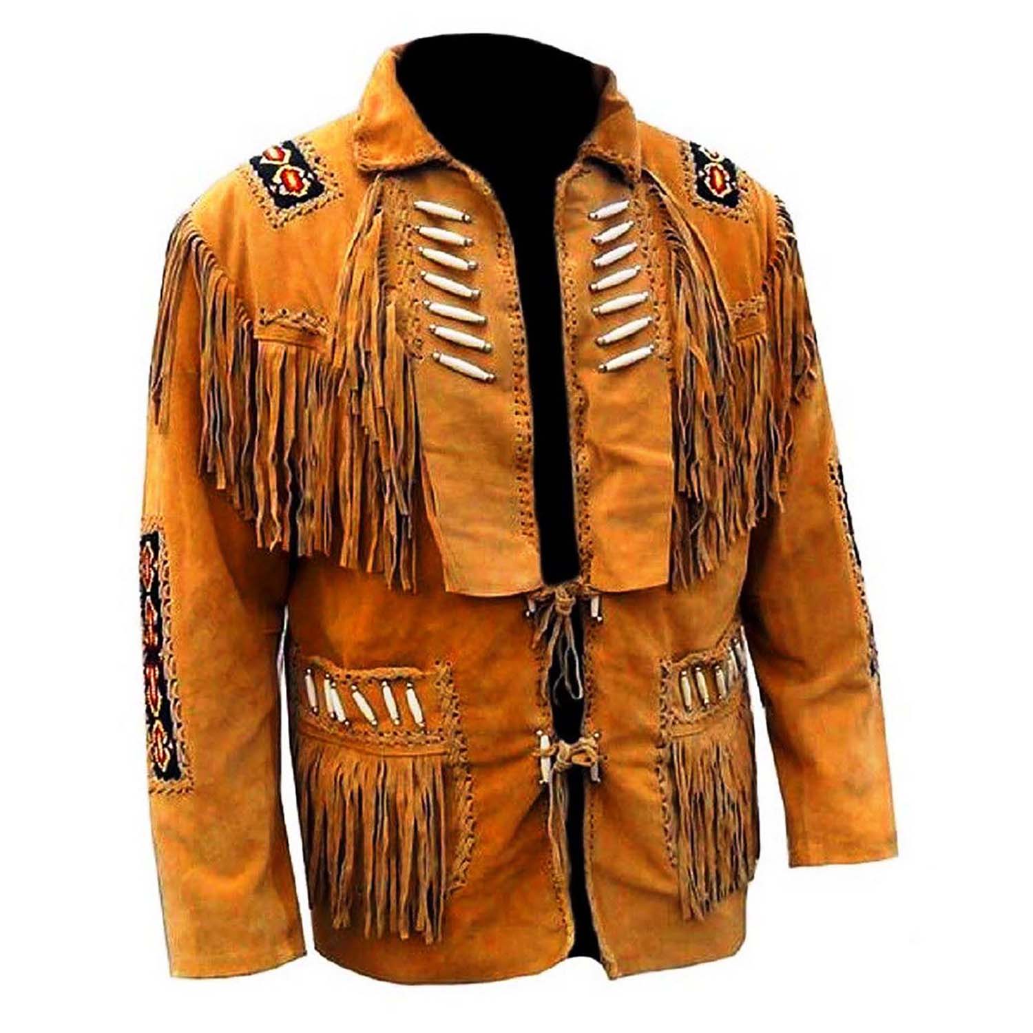 The brown buckskin suede leather fringe jacket with beaded detailing, pictured from the front