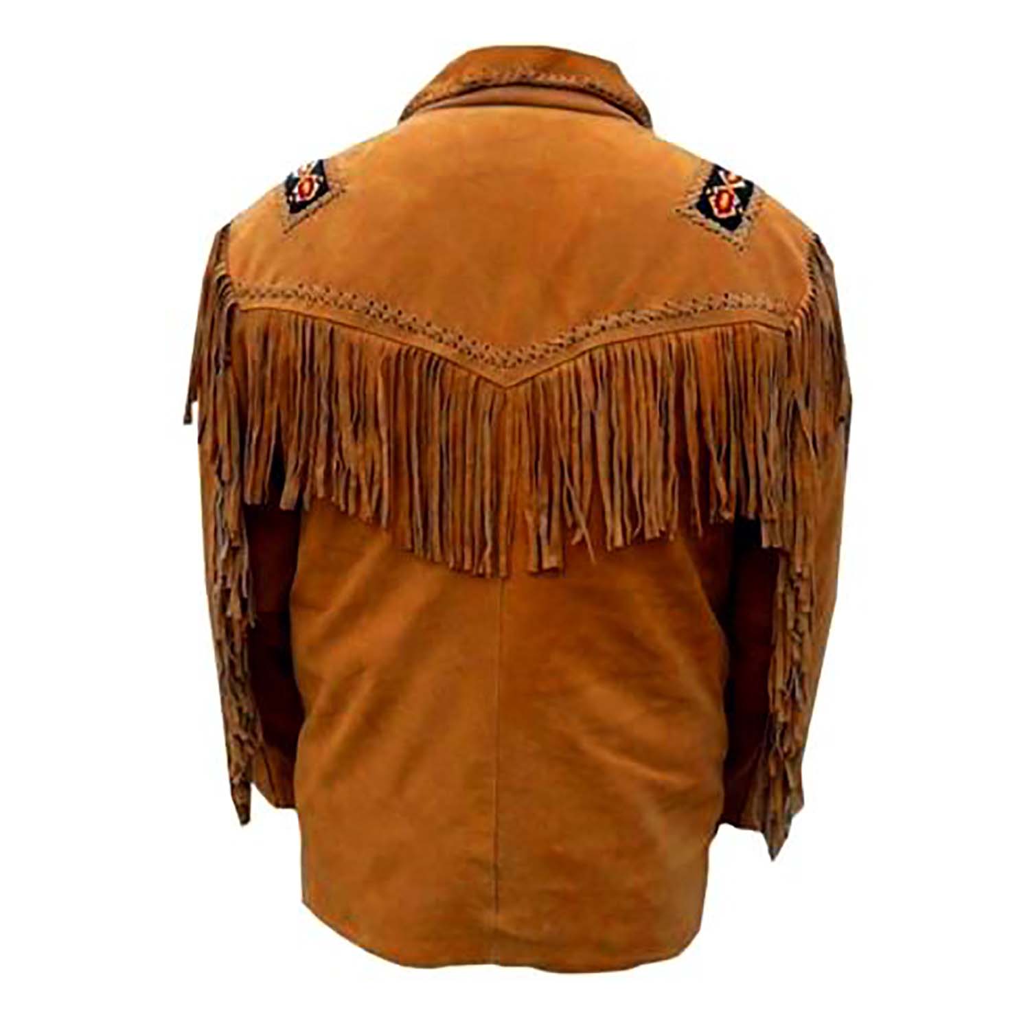 The brown buckskin suede leather fringe jacket with beaded detailing, pictured from the side