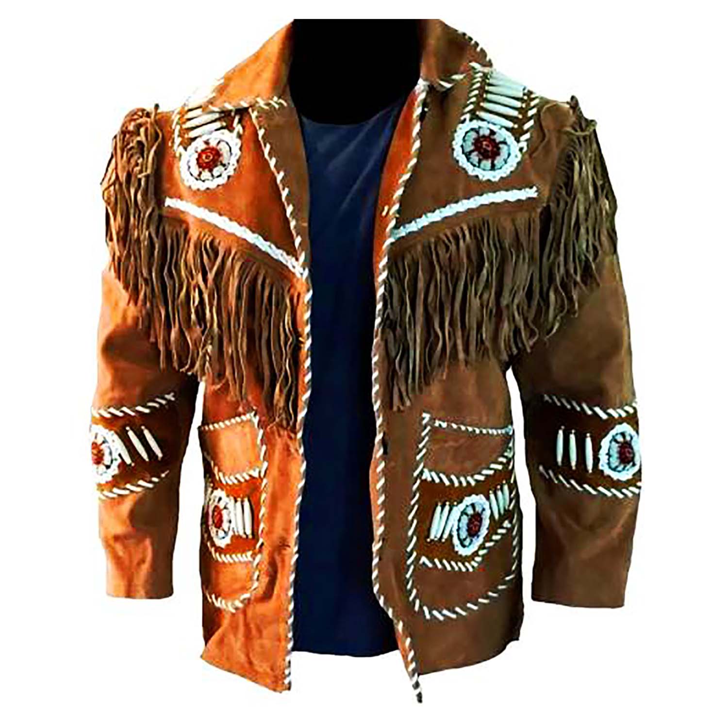 Brown buckskin suede leather fringe jacket with beaded detailing, detail shot