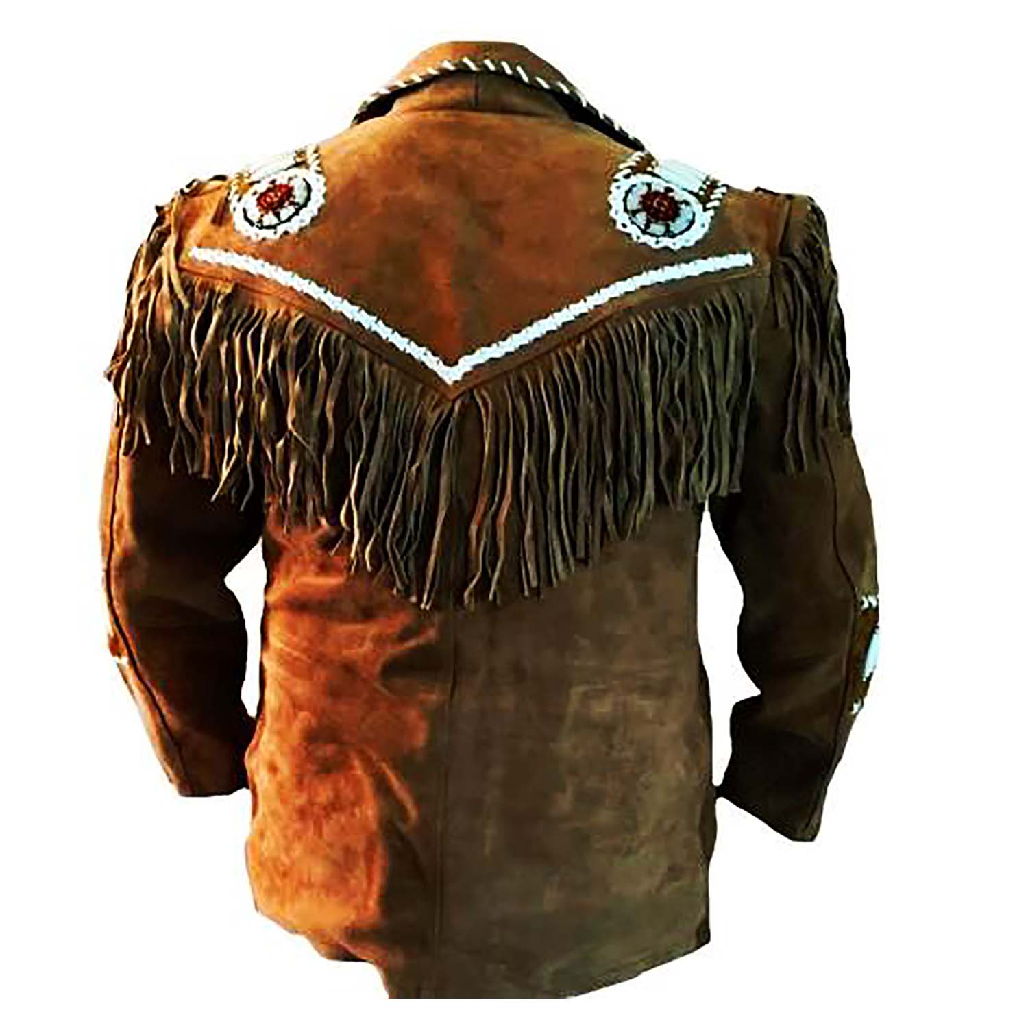Brown buckskin suede leather fringe jacket with beaded detailing, front view