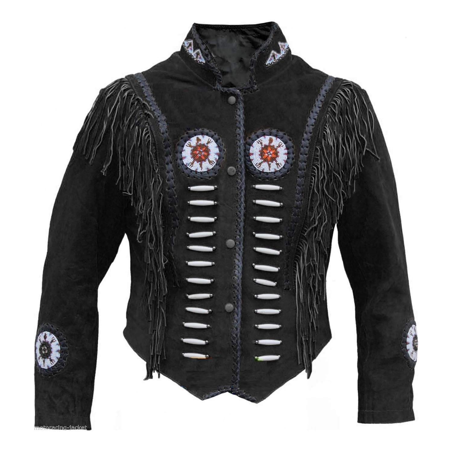 Side profile of the brown buckskin suede leather fringe jacket with beaded detailing for men