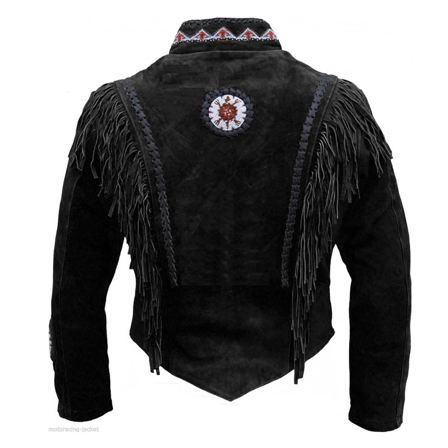 Back view of the brown buckskin suede leather fringe jacket with beaded detailing for men
