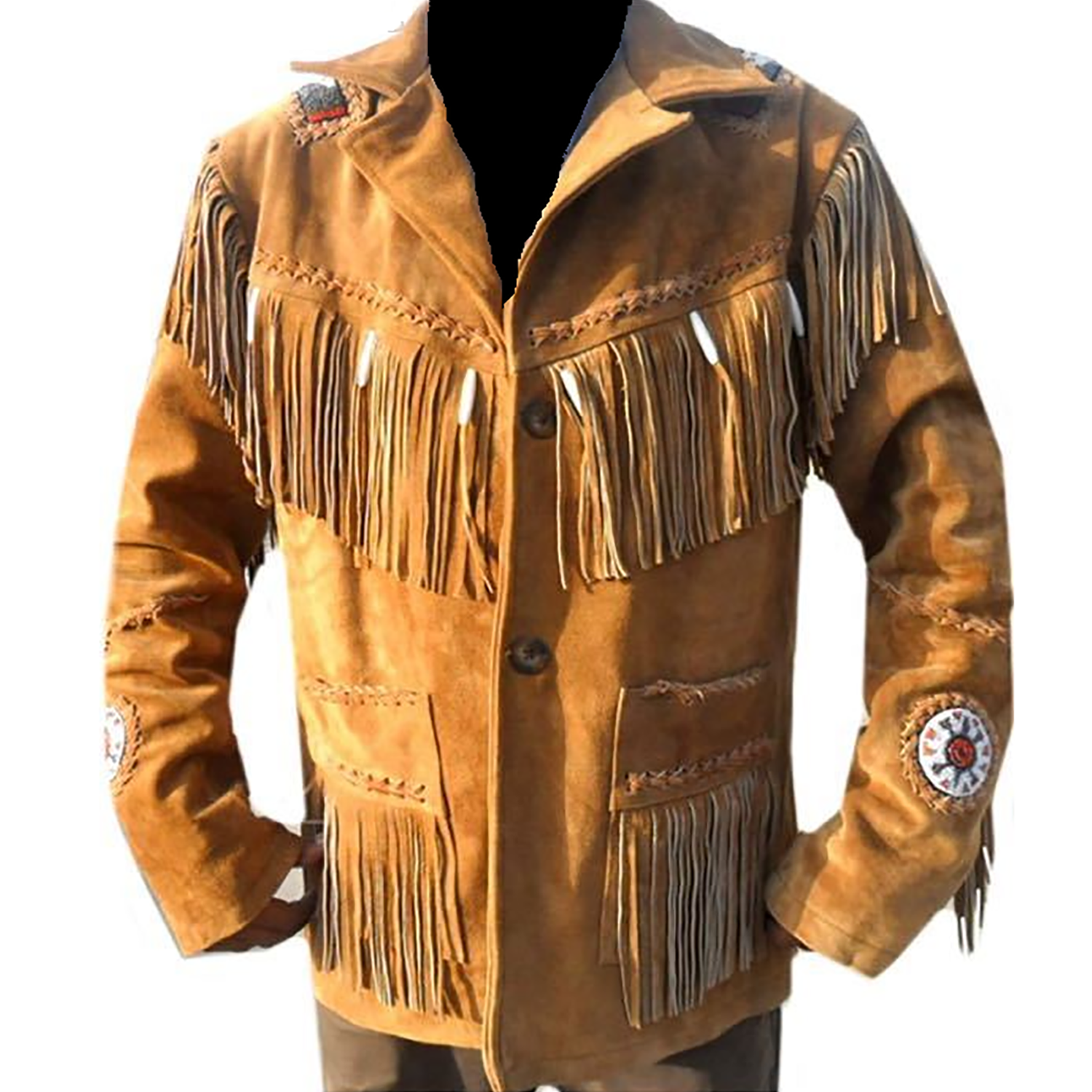 Front view showing the brown buckskin suede leather fringe jacket with beaded detailing