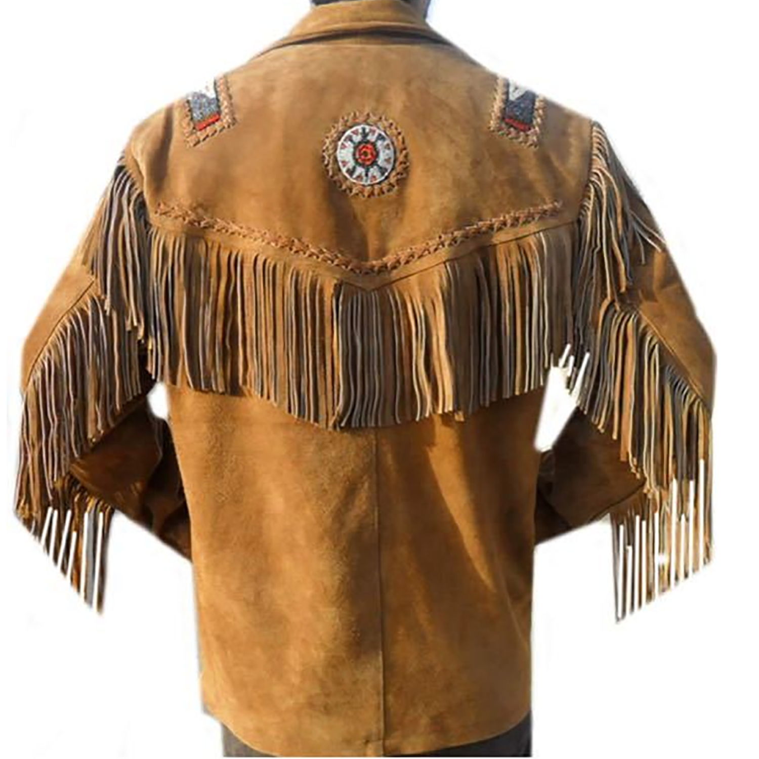 Side profile showing the brown buckskin suede leather fringe jacket with beaded detailing