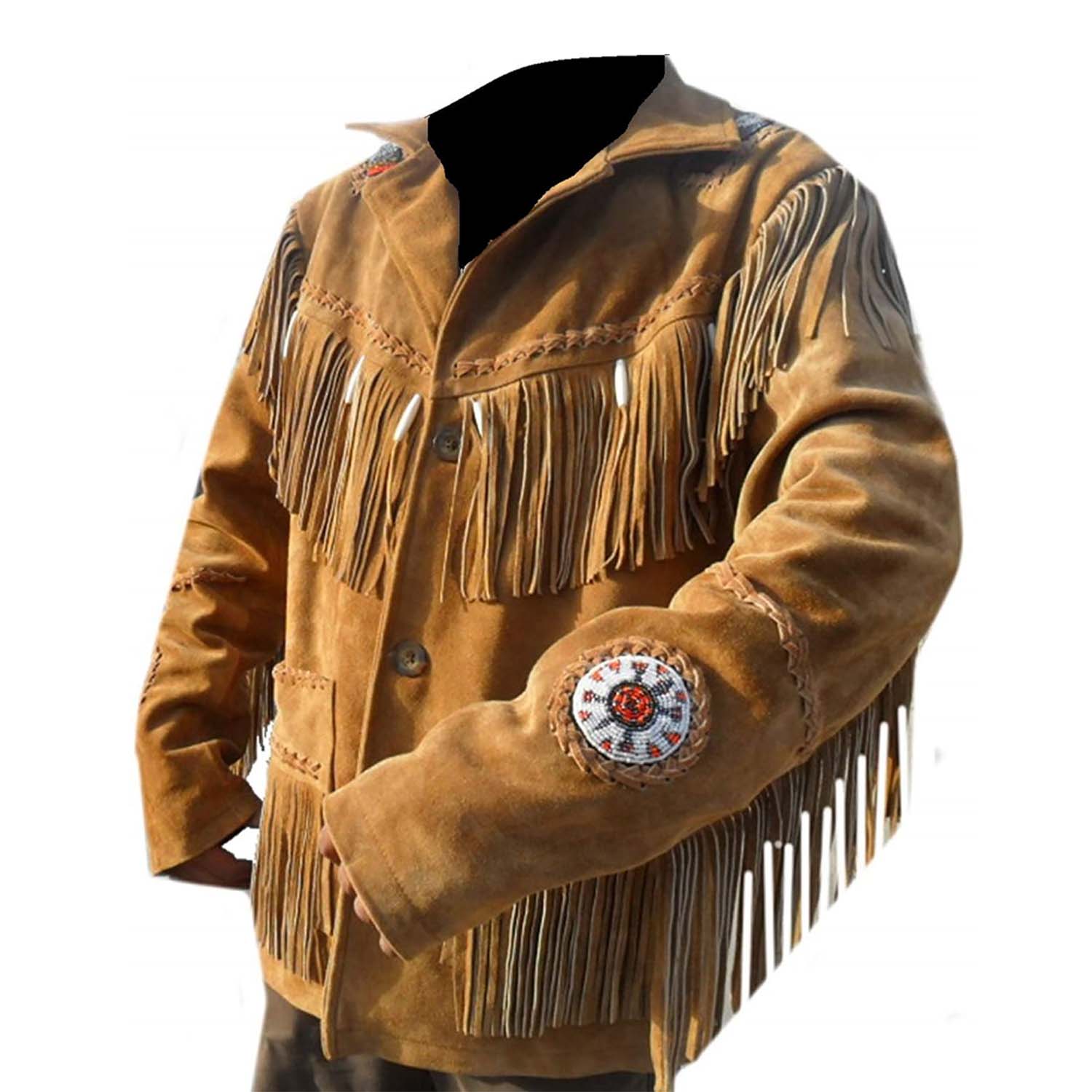 Back view showing the brown buckskin suede leather fringe jacket with beaded detailing
