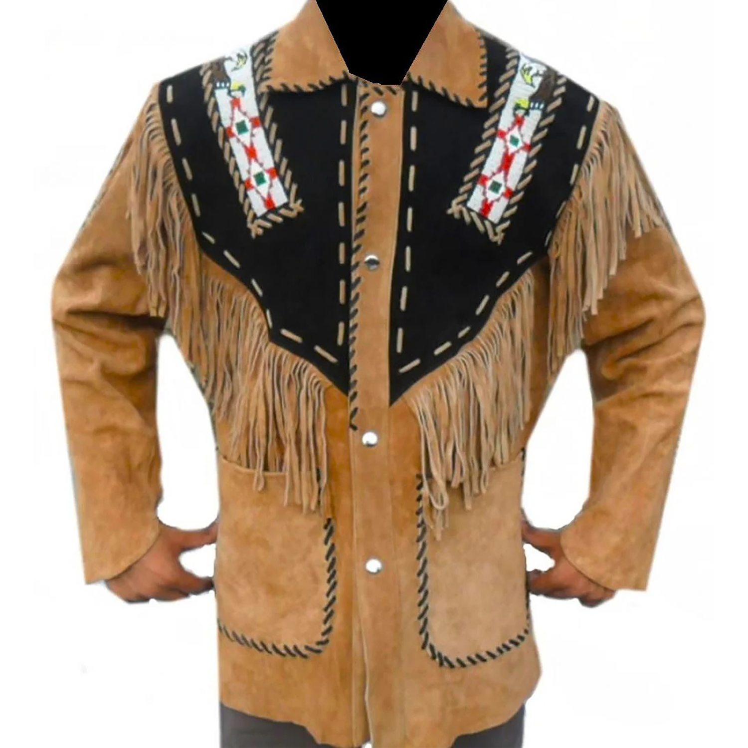 Brown buckskin suede leather fringe jacket with eagle beadwork, close-up detail