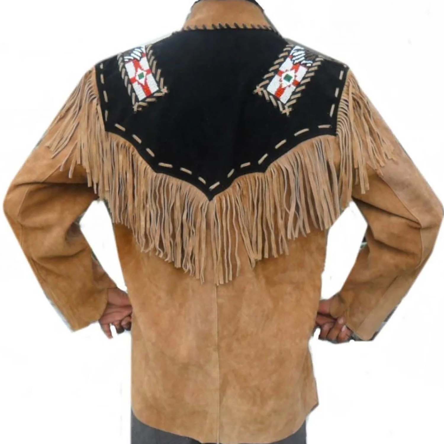 Brown buckskin suede leather fringe jacket with beaded detailing, worn styled look