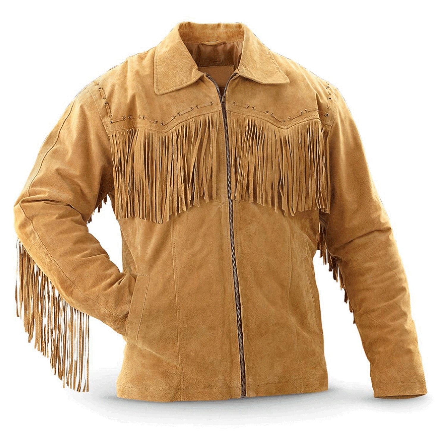 Brown buckskin suede leather fringe jacket, worn styled look