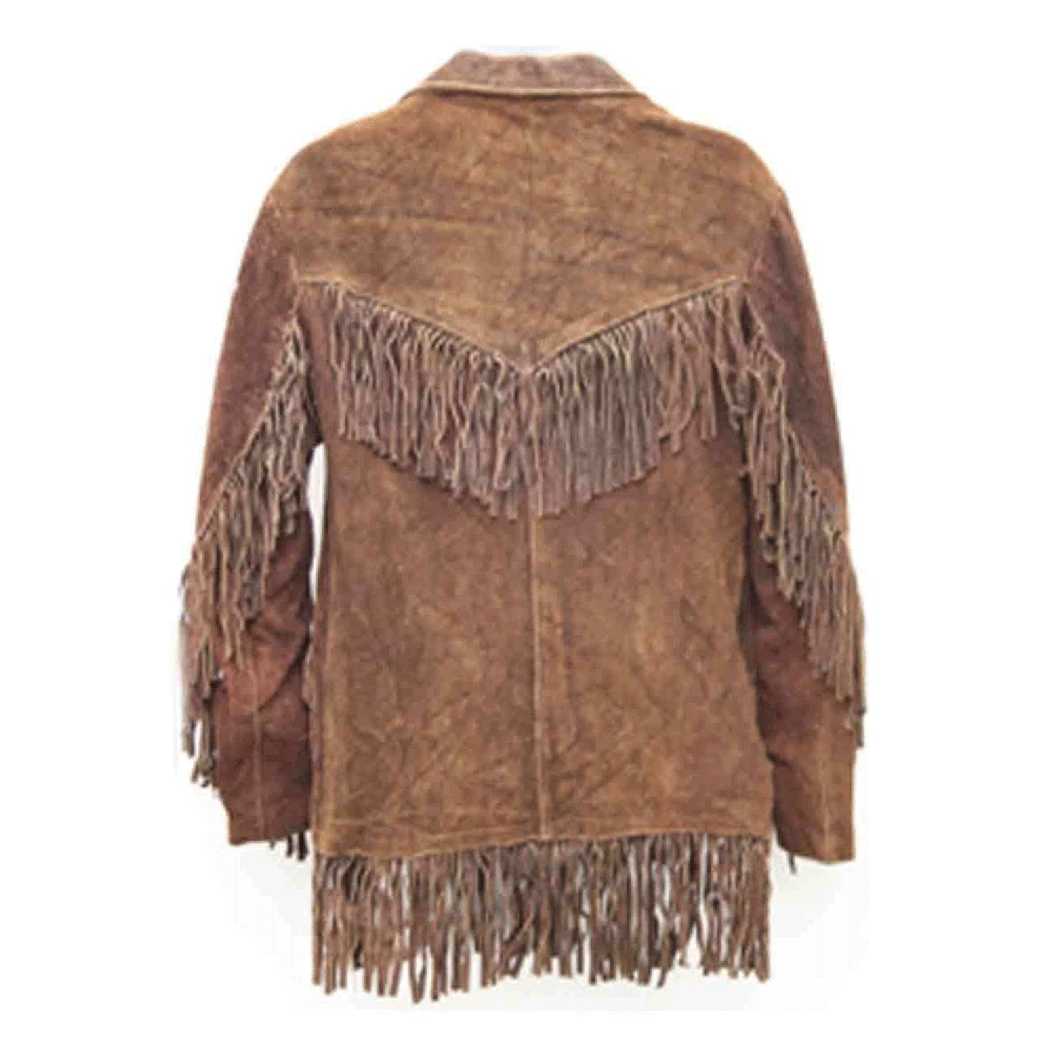 Worn styled look of the brown buckskin suede leather fringe jacket for men