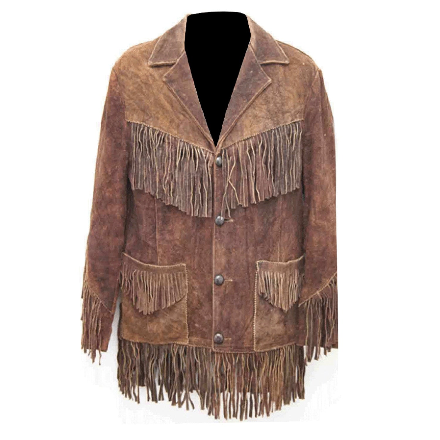 Close-up detail of the brown buckskin suede leather fringe jacket for men