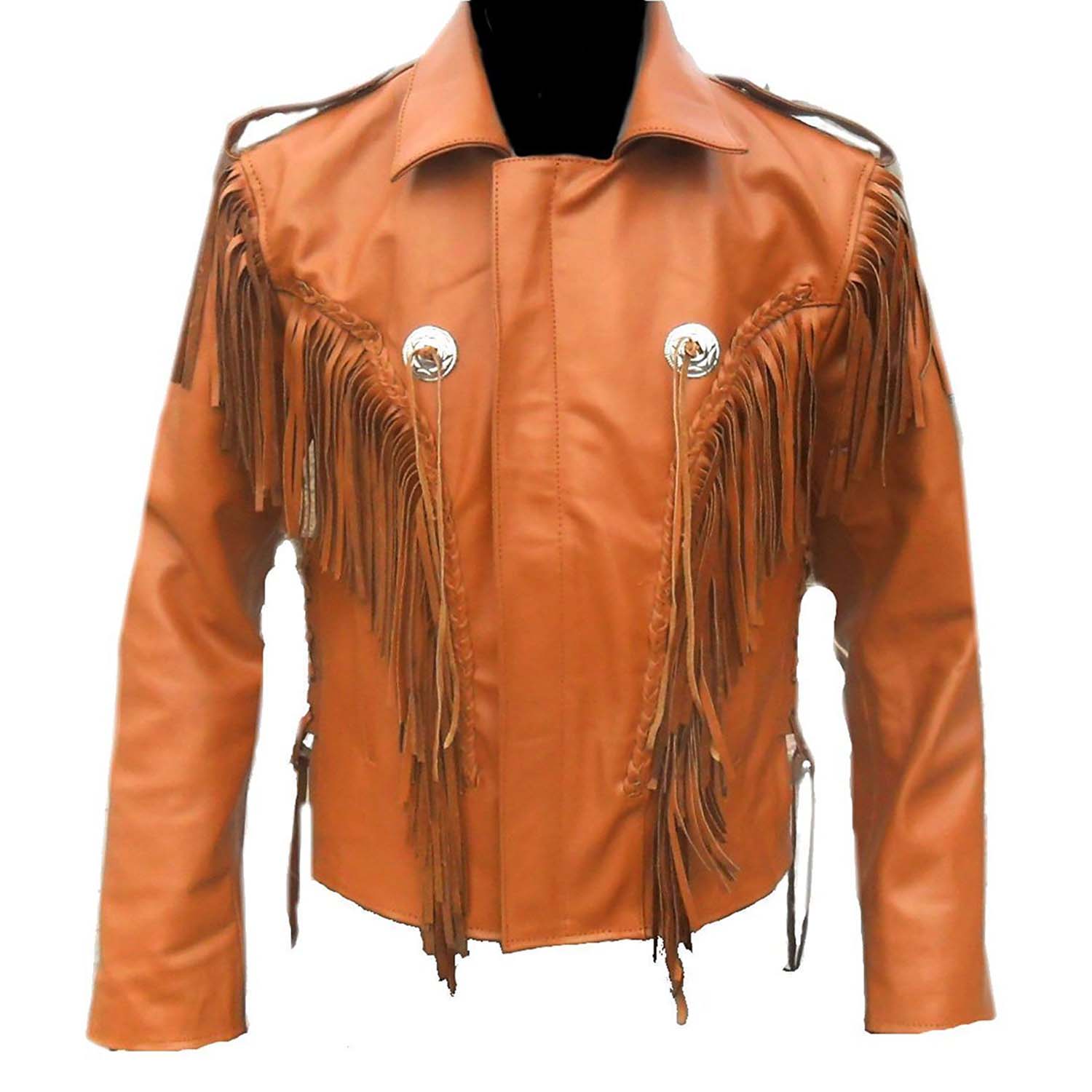 Front View of showing the brown leather fringe jacket with biker style