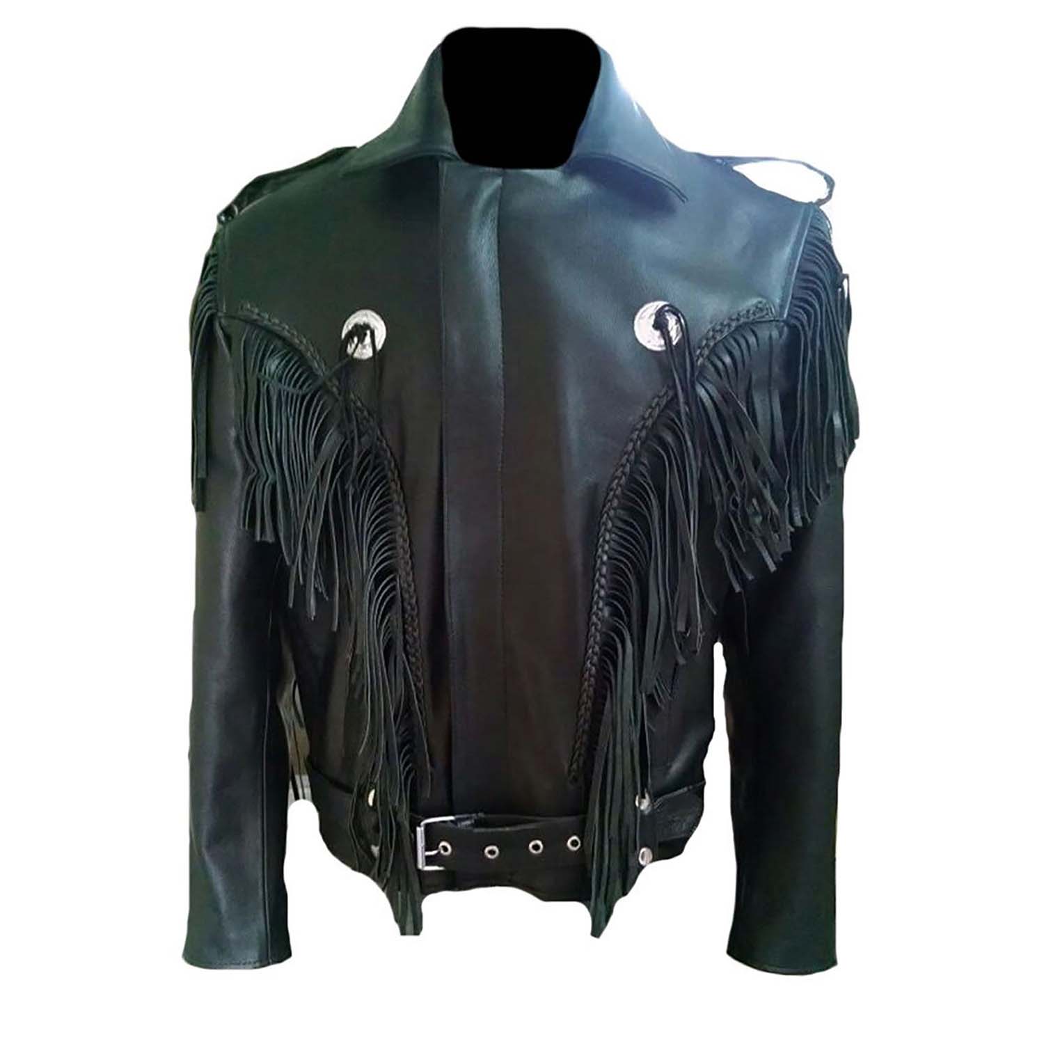 Front view showing the black leather fringe jacket with a biker style