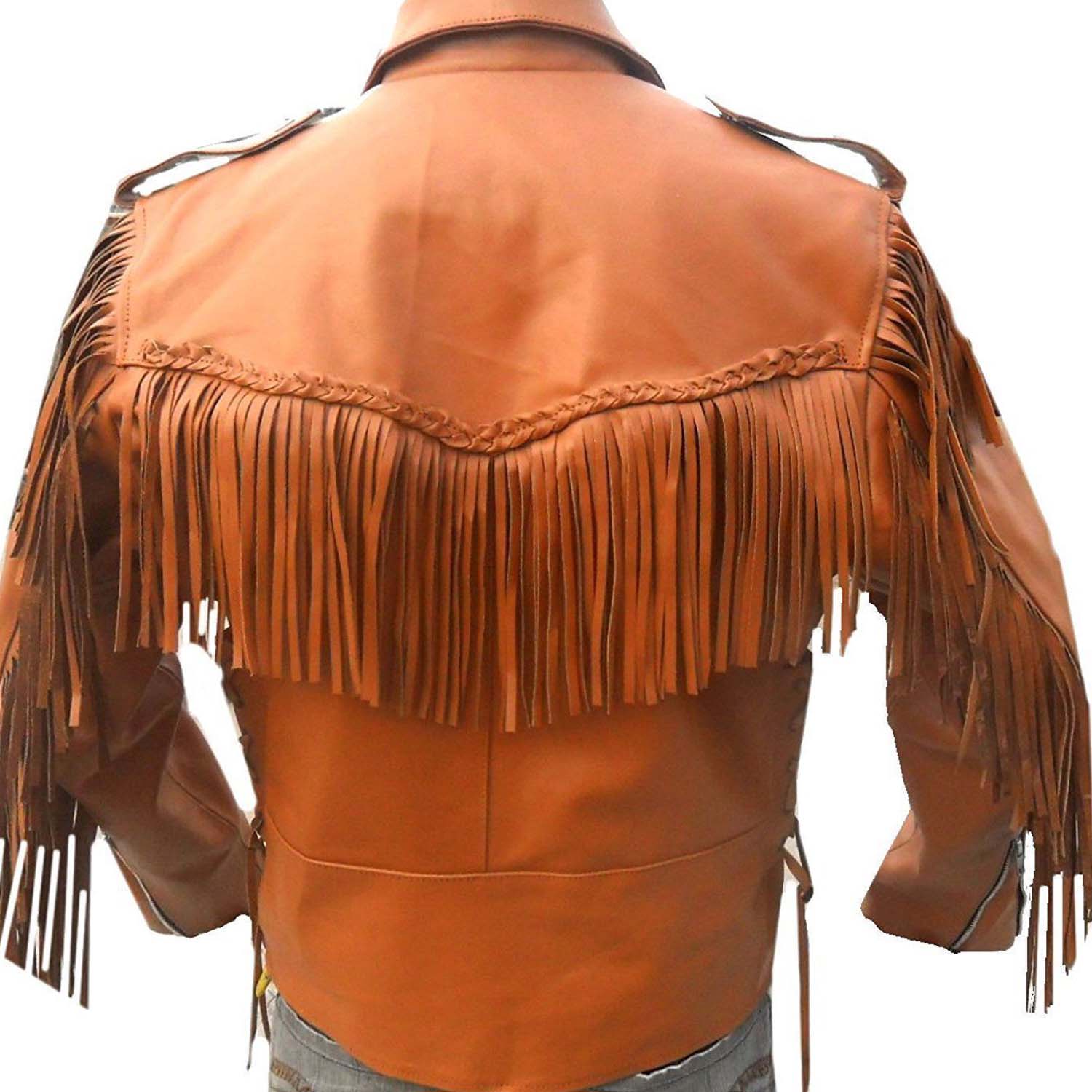 Back View of showing the brown leather fringe jacket with biker style