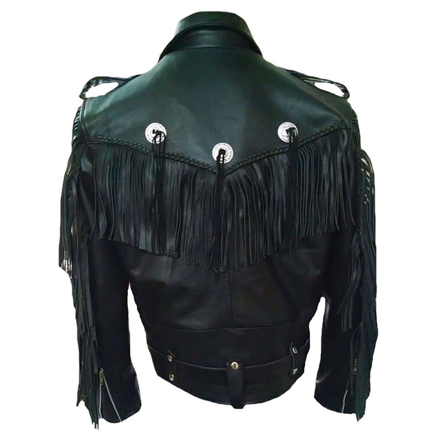 Back view showing the black leather fringe jacket with biker style