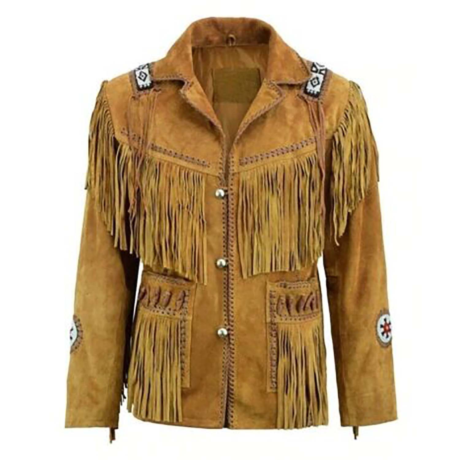 Front View of the brown suede leather fringe jacket for men
