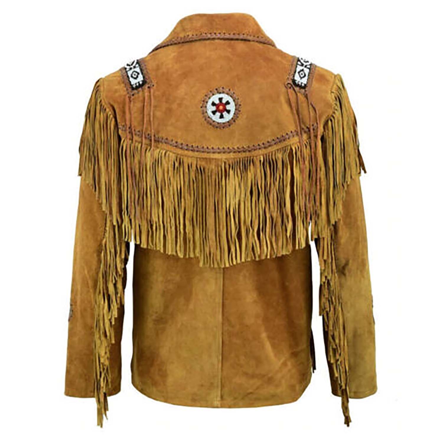 Back View of the brown suede leather fringe jacket for men