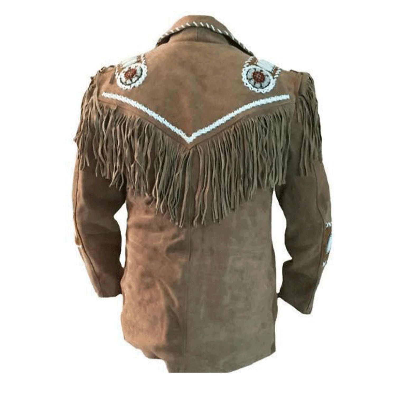 Back view of the brown suede leather fringe jacket for men