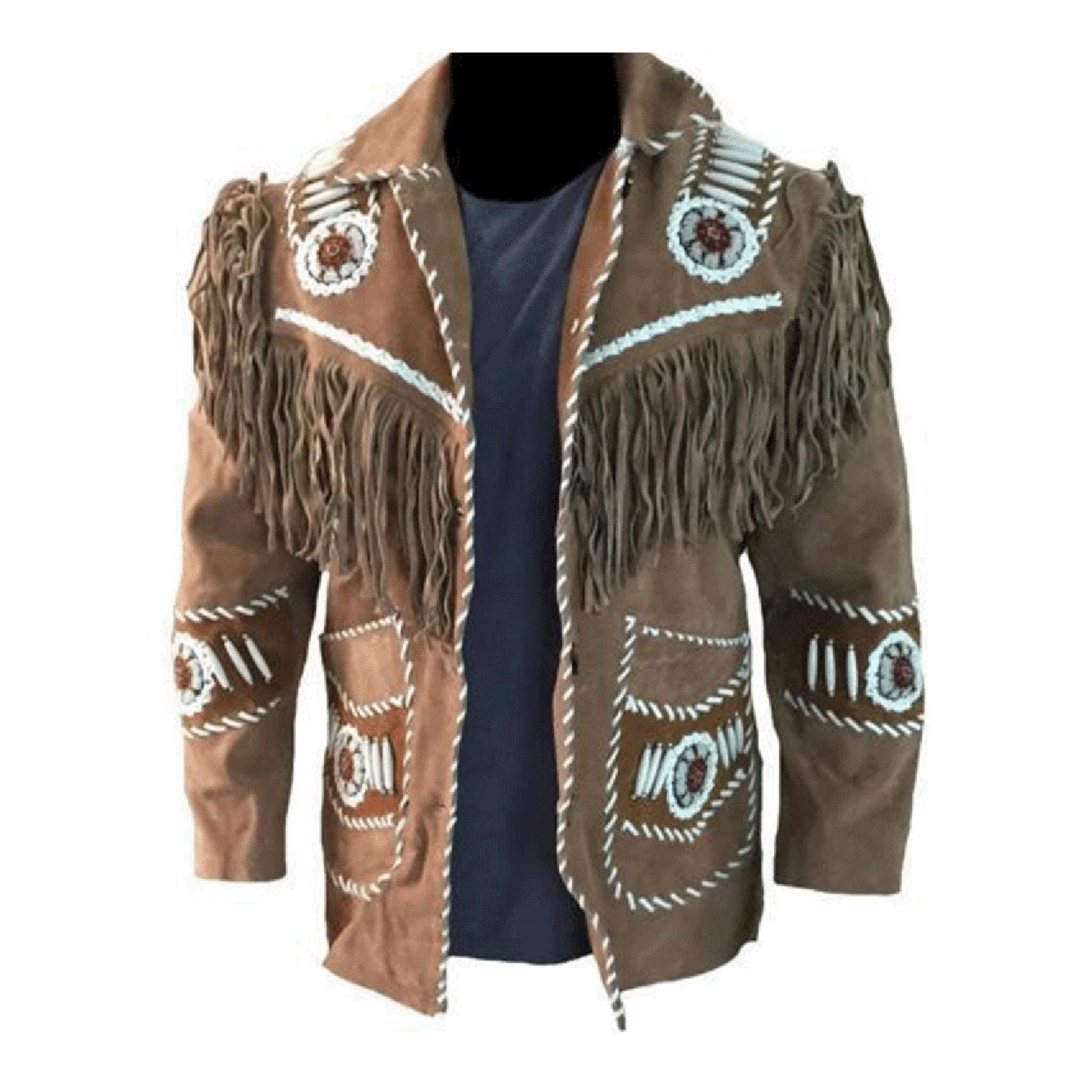 Feont view of the brown suede leather fringe jacket for men