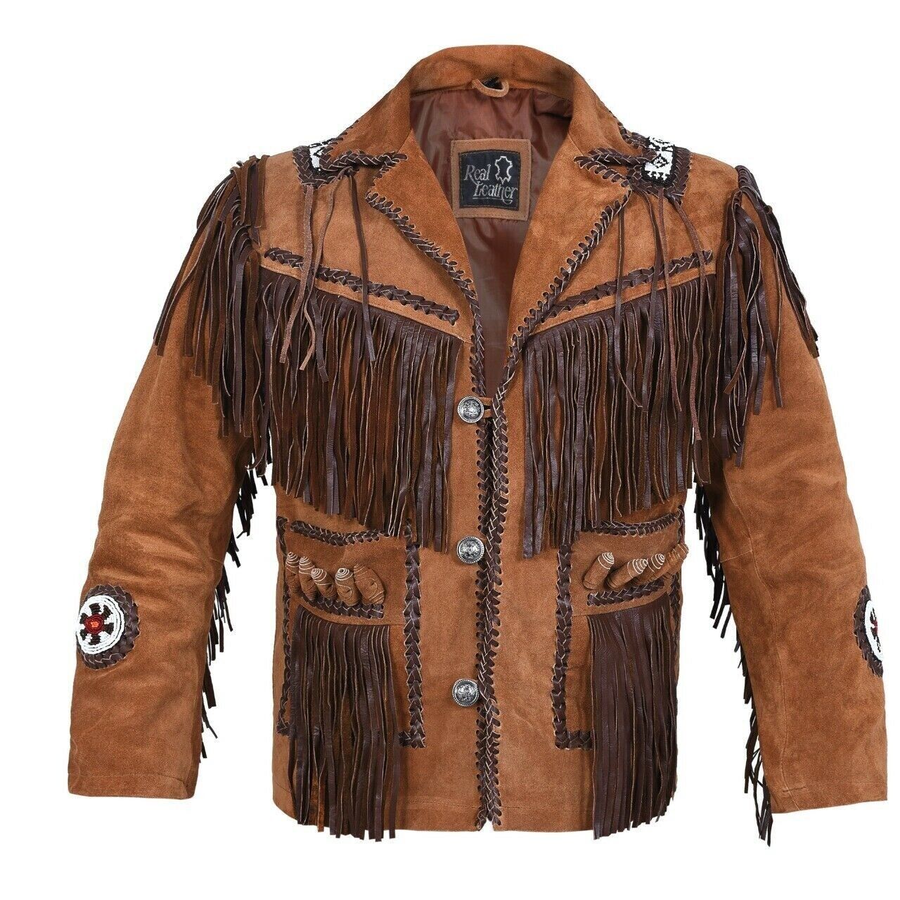 Front View of the brown suede leather fringe jacket for men