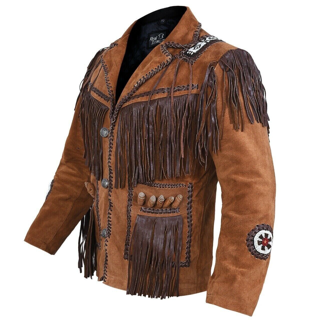 Side View of the brown suede leather fringe jacket for men