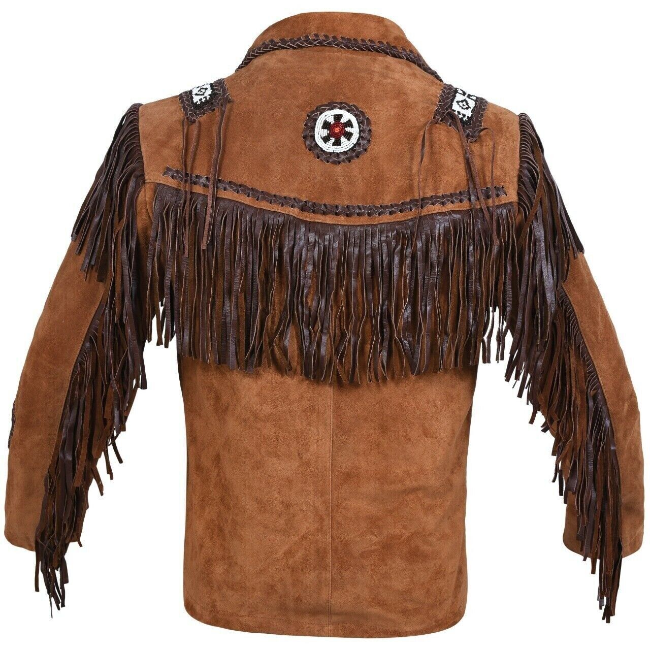 Back view of the brown suede leather fringe jacket for men