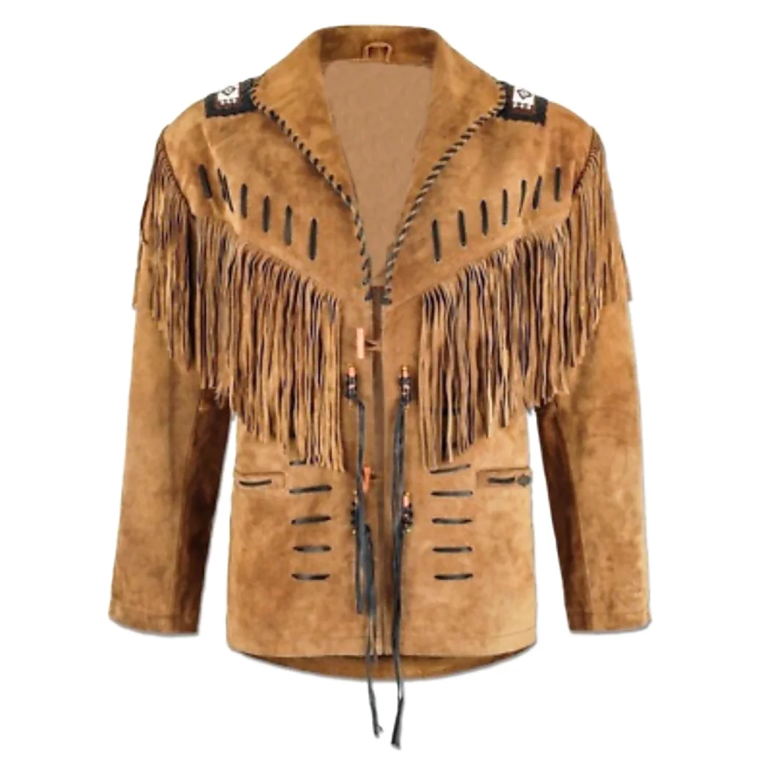 Front View of the brown suede leather fringe jacket for men