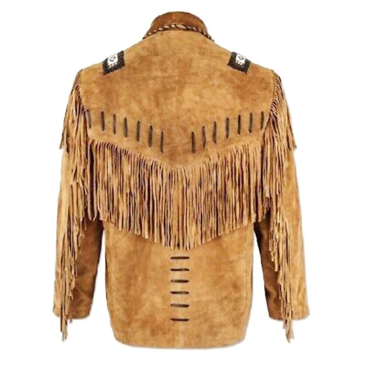 Back view of the brown suede leather fringe jacket for men