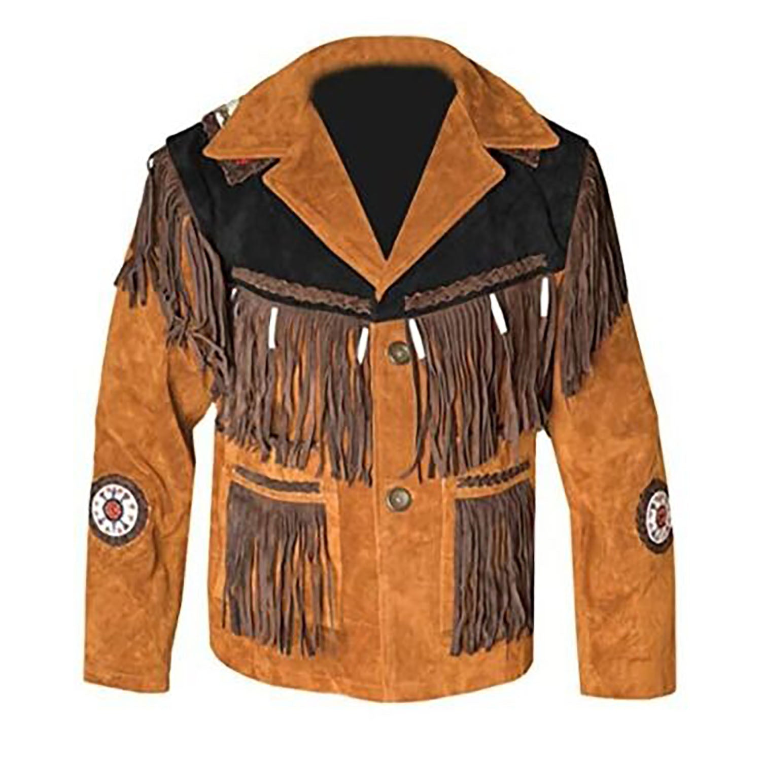 Front View of the brown suede leather fringe jacket for men