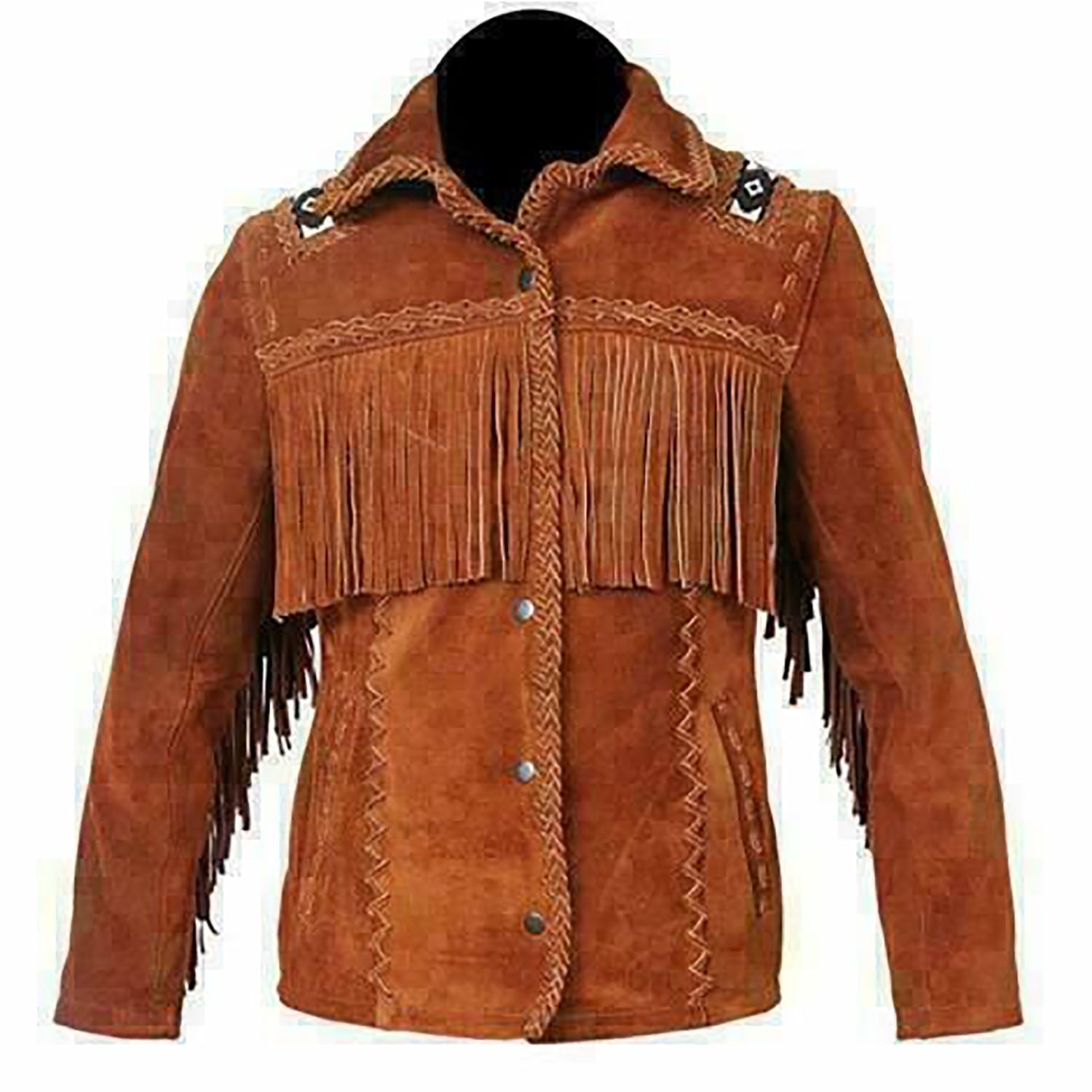 Front View of the brown suede leather fringe jacket for men