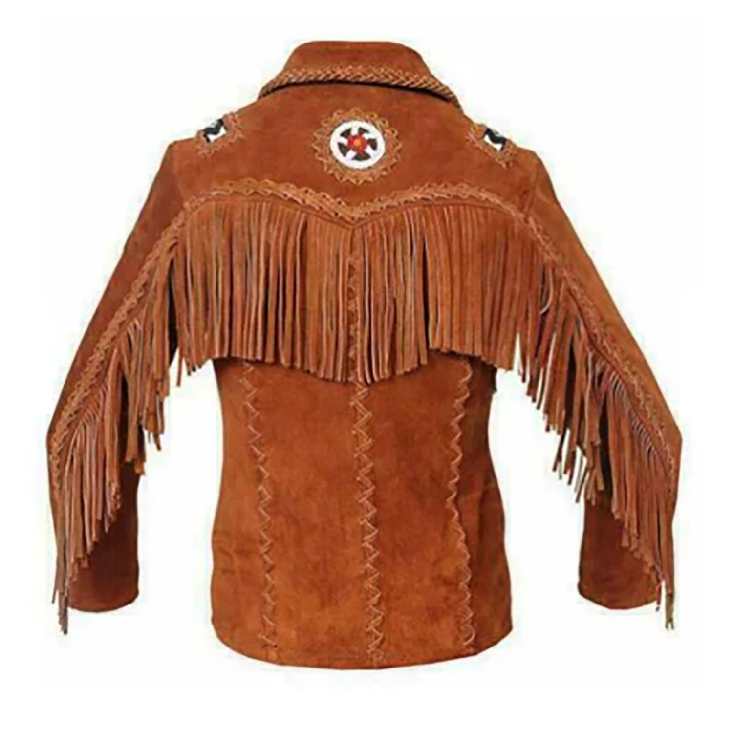 Back view of the brown suede leather fringe jacket for men