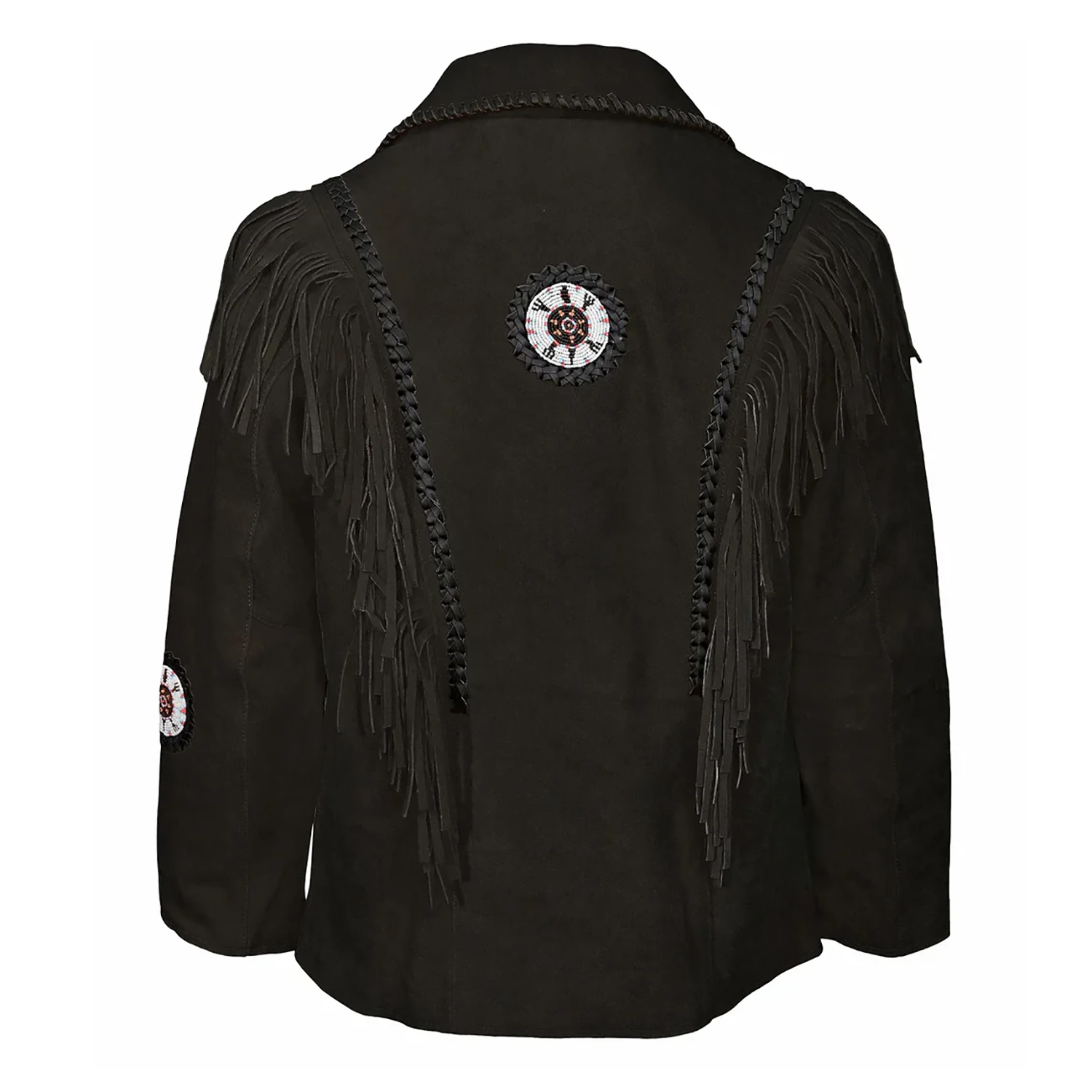 Back viewof the brown suede leather fringe jacket for men