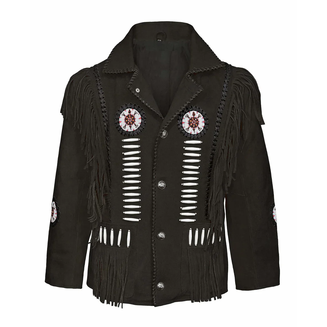 Front view of the brown suede leather fringe jacket for men