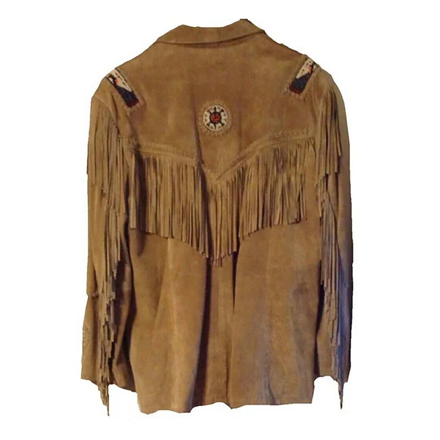 Back view of the brown suede leather fringe jacket for men