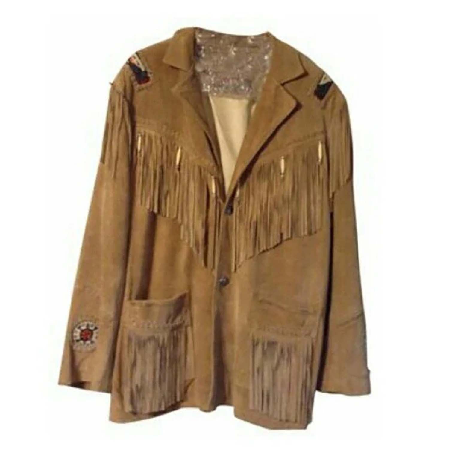 Front view of the brown suede leather fringe jacket for men