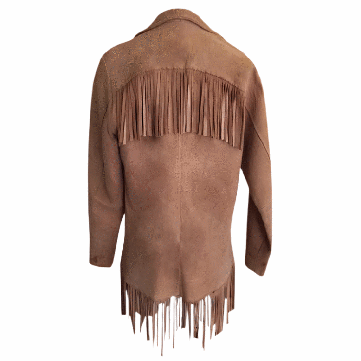 back view of the brown suede leather fringe jacket for men