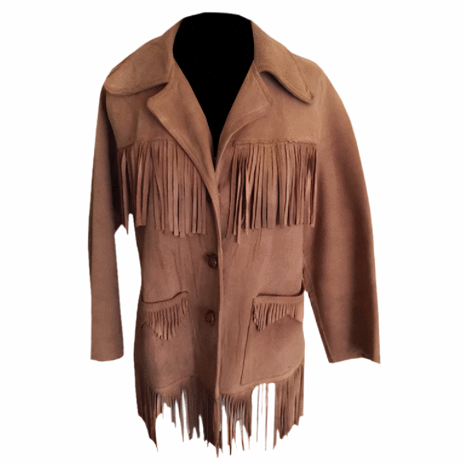 front view of the brown suede leather fringe jacket for men