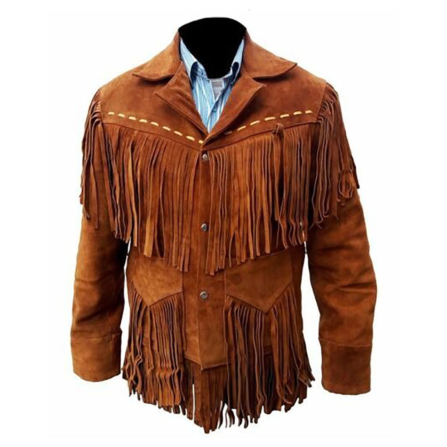 front view of the brown suede leather fringe jacket for men