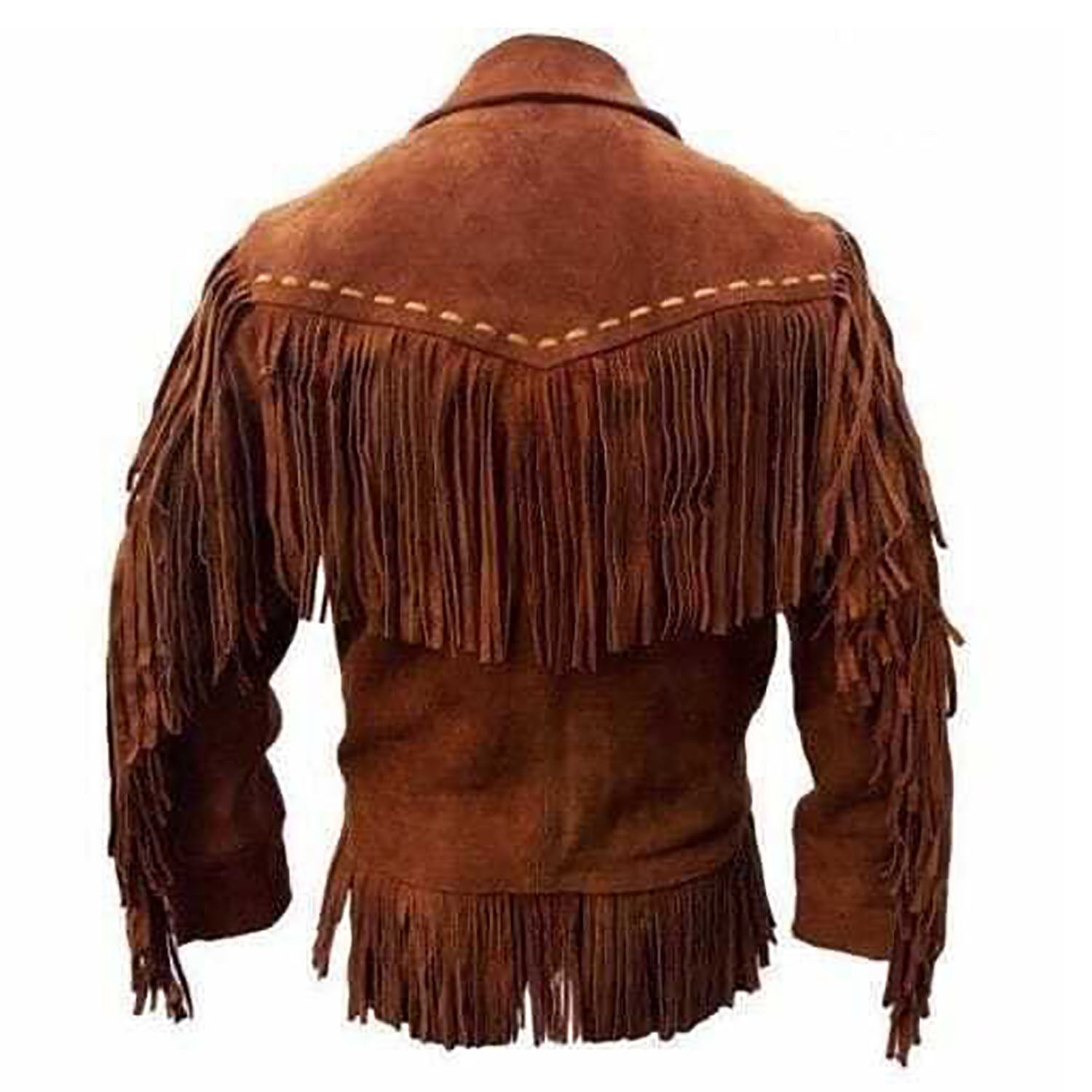 back view of the brown suede leather fringe jacket for men