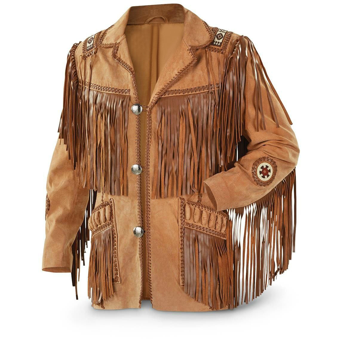 Front profile showing the buckskin suede leather fringe jacket with beaded detailing